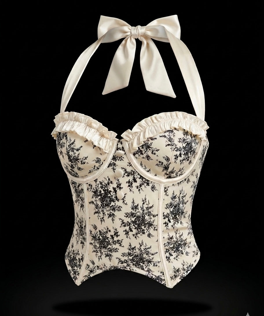 Women's Vintage-Inspired Floral Print Corset Top-Halter Neck Lace-Up Back