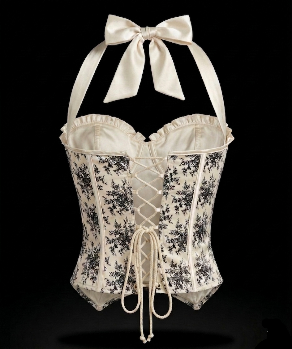 Women's Vintage-Inspired Floral Print Corset Top-Halter Neck Lace-Up Back
